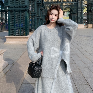 199-26502-P155-K228【好款现货】二件套毛织半身裙开叉设计款