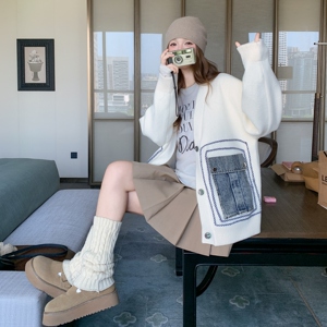学院风牛仔拼接毛衣外套女秋季2025新款小个子高级感穿搭呢子大衣图片
