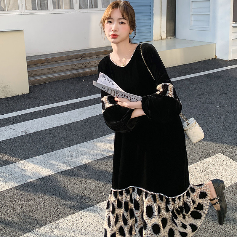 黑色丝绒拼接钉珠连衣裙女2025春季新款法式高级感宽松显瘦长裙潮,女装连衣裙,浙宝199