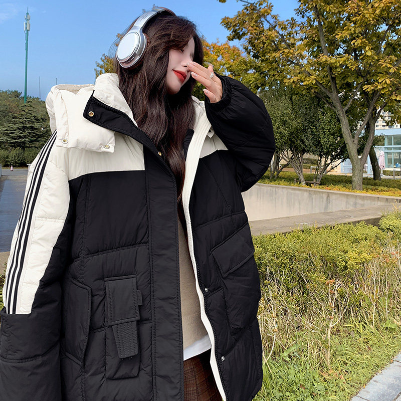 粉色连帽棉衣冬季女2024新款韩系宽松休闲撞色学院风加厚棉袄外套图片