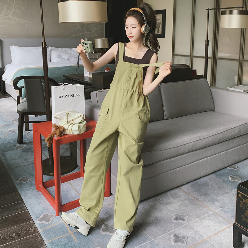 绿色休闲背带裤女2025夏季新款网红炸街宽松减龄小个子阔腿直筒裤，女装连体裤，浙宝199
