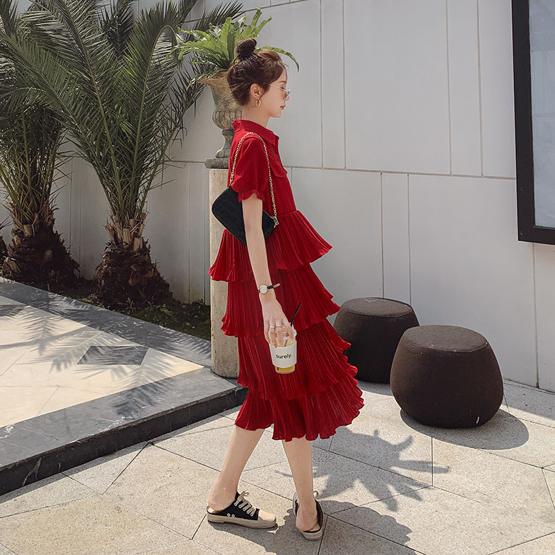 红色超仙森系初恋裙女2025夏新款高腰显瘦衬衫裙气质蛋糕裙连衣裙,女装连衣裙,浙宝199