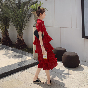 红色超仙森系初恋裙女2025夏新款高腰显瘦衬衫裙气质蛋糕裙连衣裙