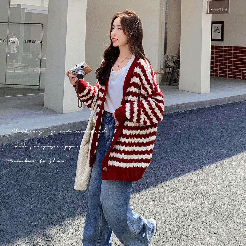 红色条纹毛衣外套开衫女春季2025新款学院风宽松休闲中长款针织衫图片
