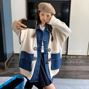 春秋高级感炸街小个子休闲减龄时尚洋气设计感牛仔拼接针织外套女图片