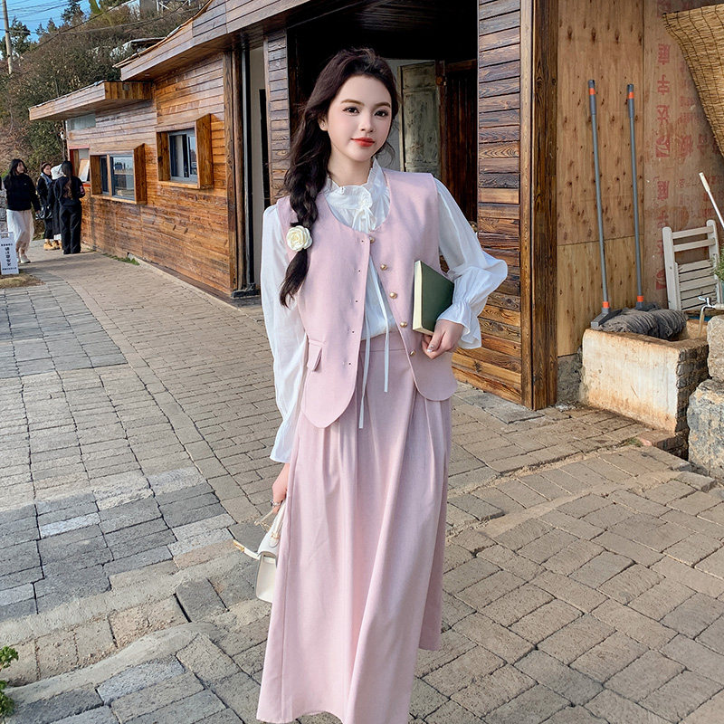 粉色甜美减龄套装裙女春季2025年新款法式温柔风马甲半身裙三件套,女装套装/套裙,浙宝199