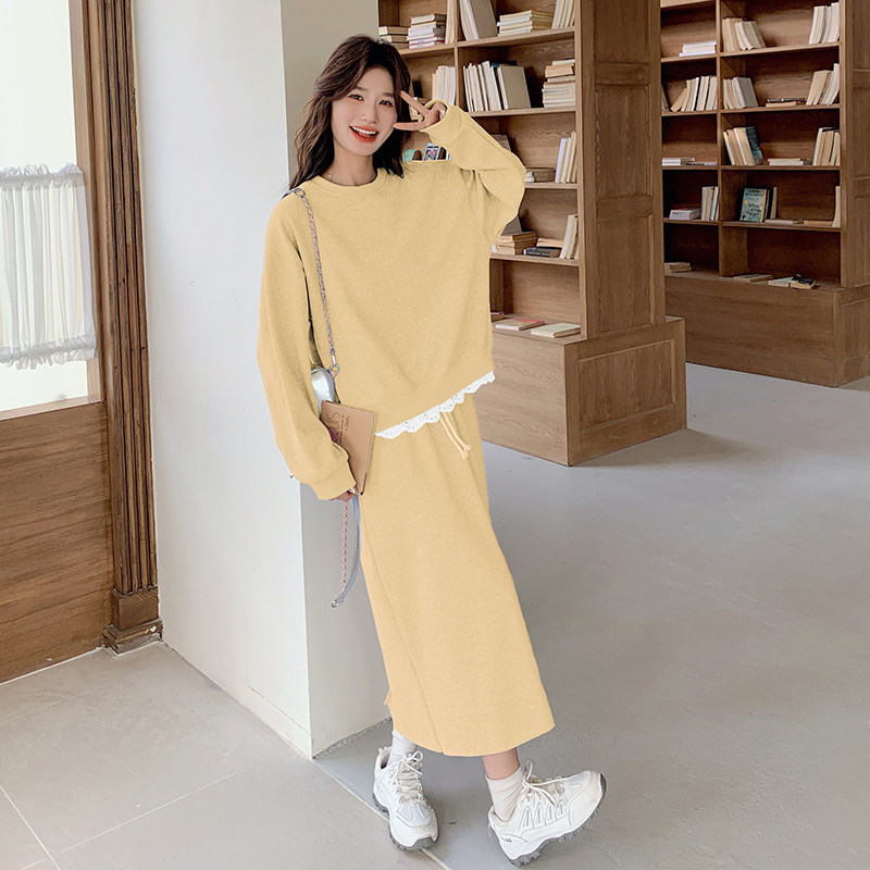 蕾丝花边拼接卫衣套装裙女2025春季新款韩系简约休闲半身裙两件套图片