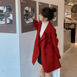 红色韩版洋气宽松毛呢外套女冬中长款小个子2024新款时尚呢子大衣图片