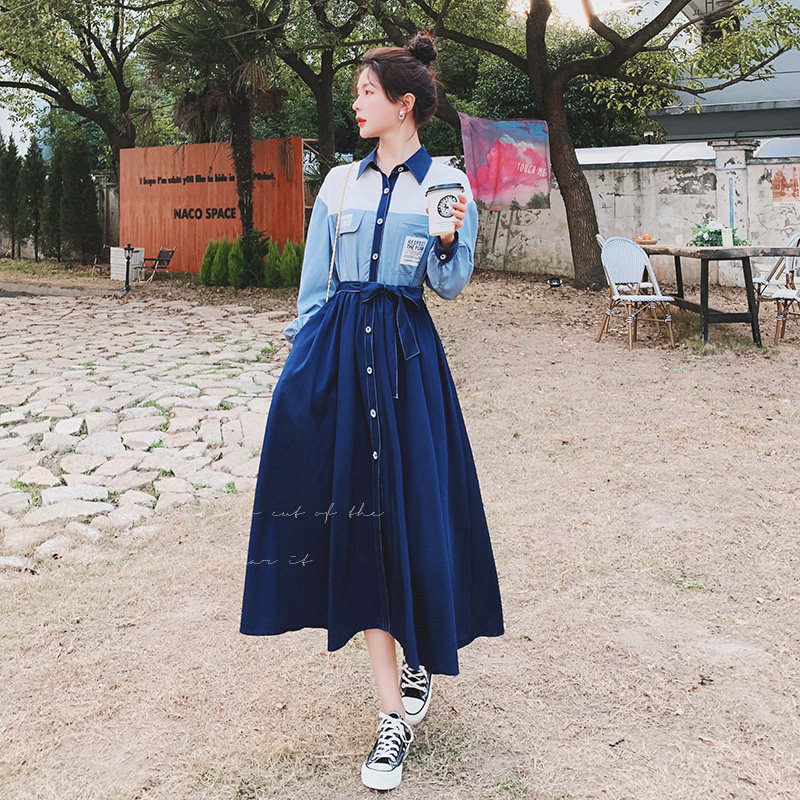 法式拼色蓝色长袖连衣裙女2025早春新款衬衫裙不规则桔梗a字长裙,女装连衣裙,浙宝199