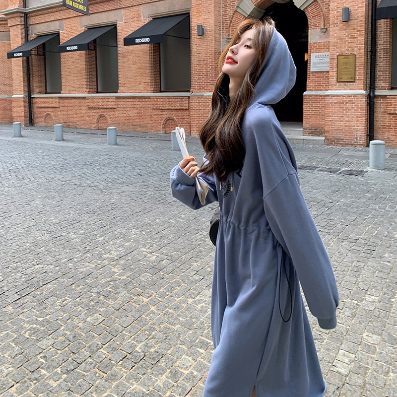 孕妇春装卫衣连衣裙大码小个子韩版宽松遮肚子春季抽绳收腰长裙子,女装连衣裙,浙宝199