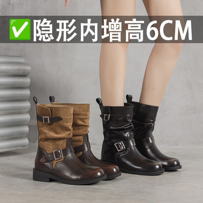 小众设计擦色复古马丁靴女2026新款皮带扣粗跟堆堆靴内增高骑士靴