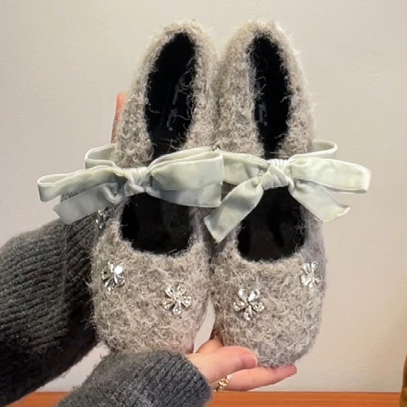 芭蕾风增高玛丽珍鞋女2025年新款水钻蝴蝶结毛绒单鞋一脚蹬豆豆鞋,女鞋,玛丽珍鞋,淘宝优惠券,粉丝福利购,淘宝优惠卷