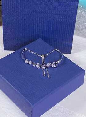 纯银橄榄叶锆石镶钻闪亮礼物手镯