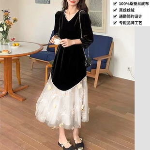 100桑蚕丝丝绒裙子法式 V领拼接钉珠绣花长裙真丝丝绒连衣裙NHA56