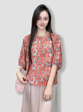 100桑蚕丝真丝双绉民族风复古印花圆领五分袖桑蚕丝T恤上衣SYW07