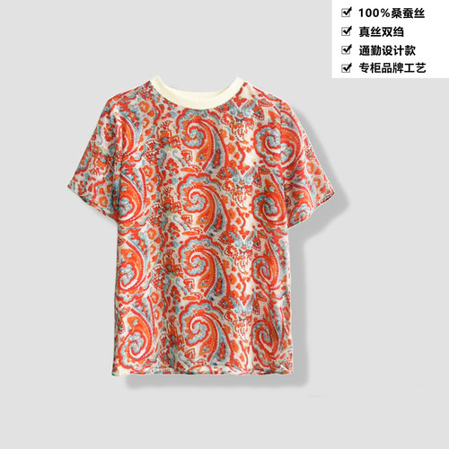 100桑蚕丝真丝双绉复古油画腰果花宽松短袖桑蚕丝T恤上衣SYD25