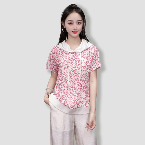 100桑蚕丝豹纹印花连帽卫衣T恤