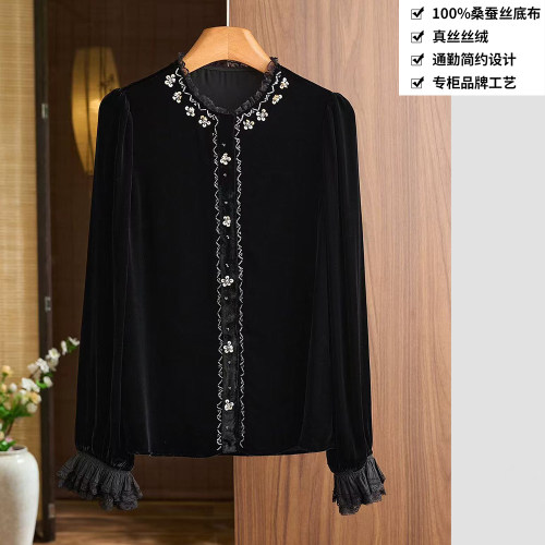 100桑蚕丝丝绒衬衫钉钻蕾丝花边真丝丝绒衬衣开衫上衣NHA13