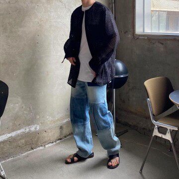 彬彬家~韩系硬货中高腰小直筒裤拼接拼色牛仔裤男女同款四季可穿