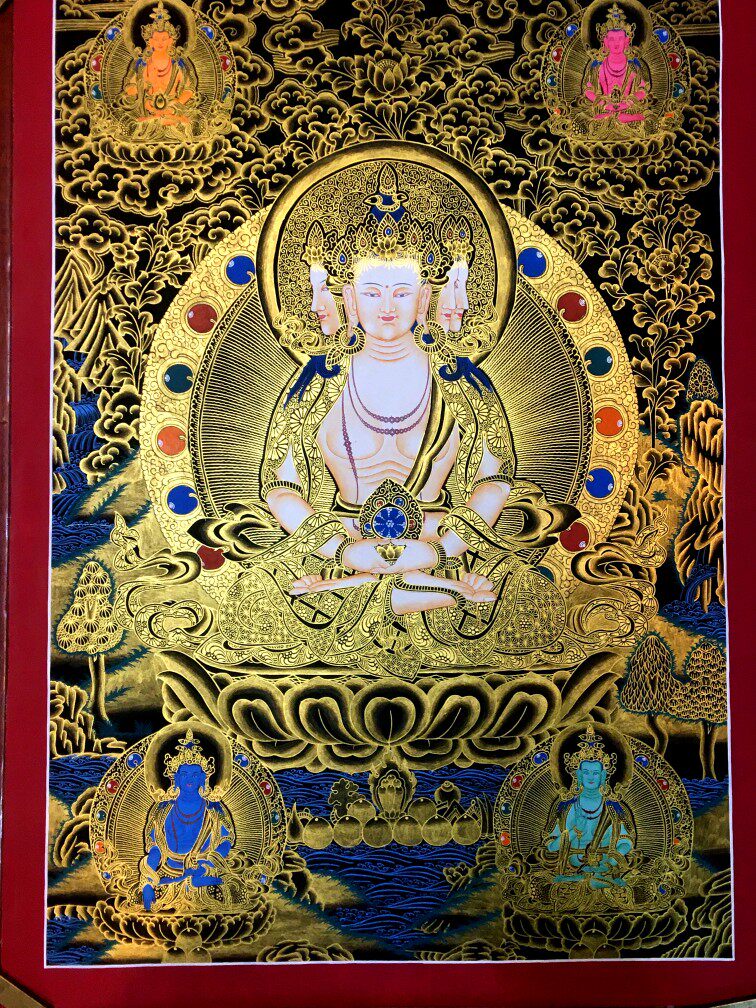 尼泊尔手绘唐卡黑金大日如来佛唐卡 佛像挂画唐卡客厅玄关装饰画