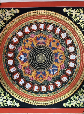纯手绘六字真言坛城观音心咒唐卡客厅装饰画 手绘唐卡八吉祥唐卡