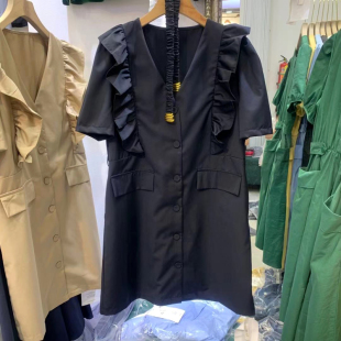 欧洲站V领荷叶边小西装连衣裙女2021夏新款腰带收腰气质中长裙潮
