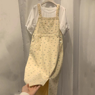 白T+碎花牛仔背带长裙两件套女2024夏季新款设计感小清新套装裙潮