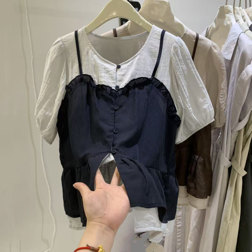 韩系撞色吊带拼接假两件短袖衬衫