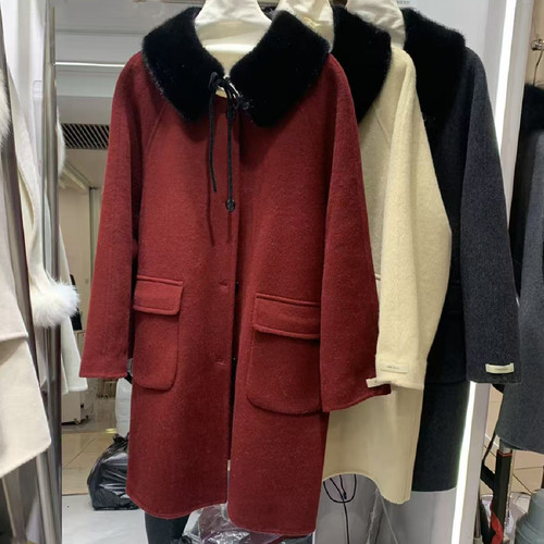 配仿貂毛领中长款羊毛双面呢大衣