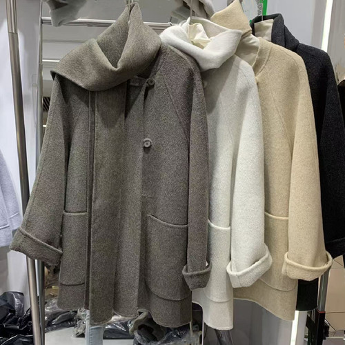 配围巾中长羊毛双面呢大衣外套