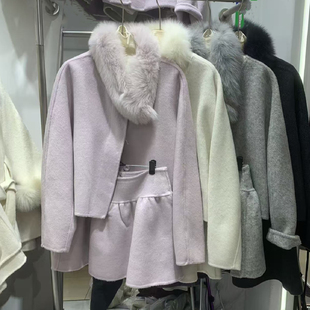 毛呢套装 配狐狸毛围脖羊毛双面呢外套 短裙两件套女2025秋冬新款