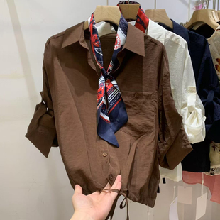 百搭上衣 配丝巾设计感POLO领长袖 衬衫 女2025早秋新款 宽松系带衬衫