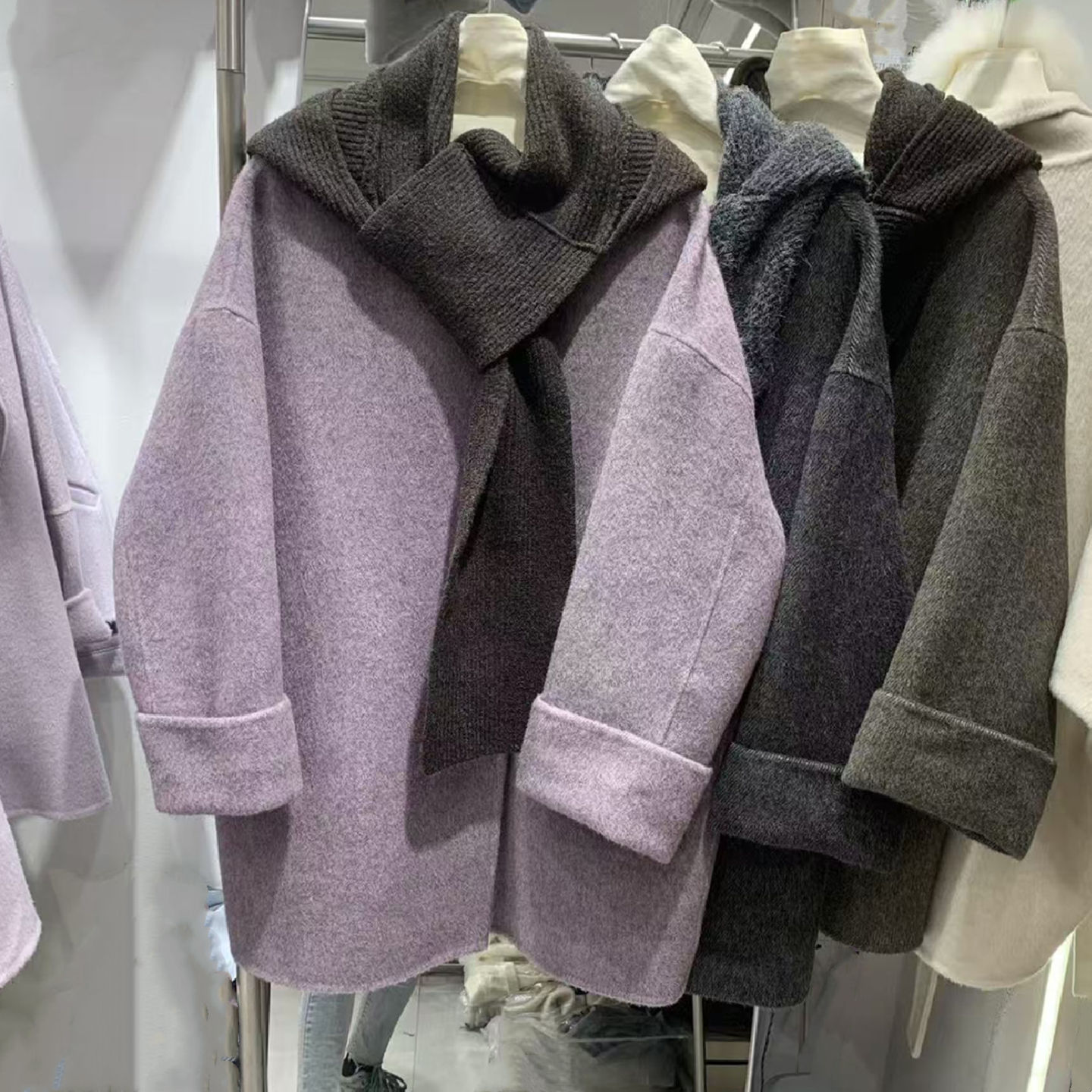 可脱卸针织围巾帽羊毛双面呢大衣