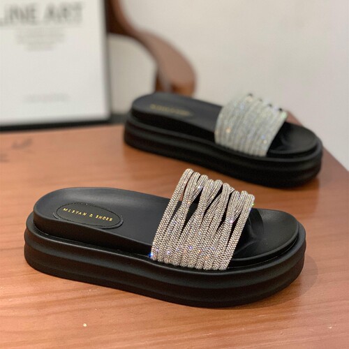 百搭松糕软底水钻增高一字拖凉鞋