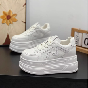 镂空单网透气小个子松糕板鞋 夏季 女2026新款 内增高8cm真皮小白鞋