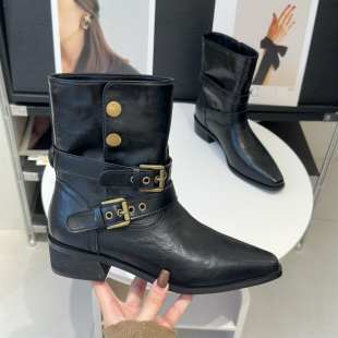 小众高级感复古牛仔西部靴女2025秋冬新款粗跟厚底尖头中筒马丁靴
