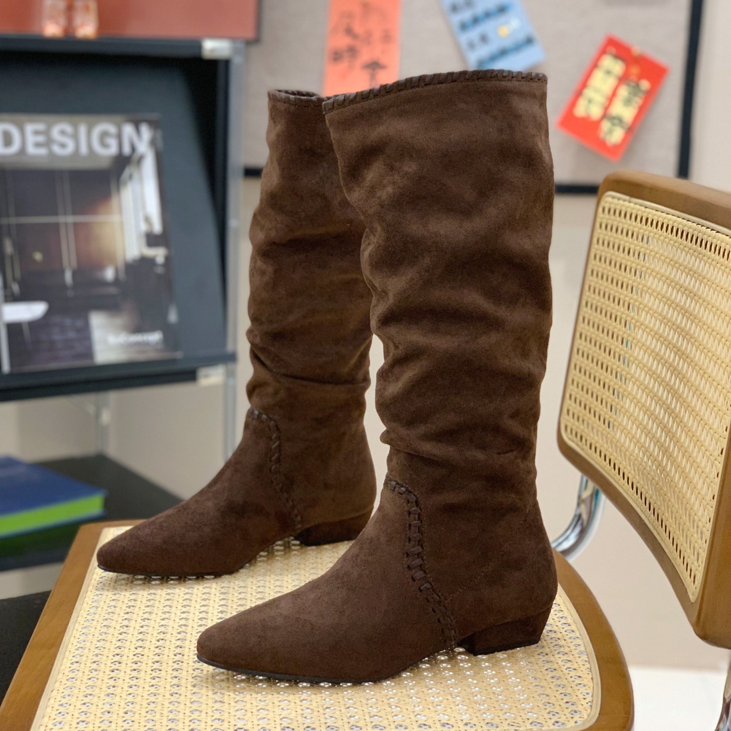 超火美拉德堆堆靴女2025冬季爆款绒面复古套筒长靴粗跟西部牛仔靴,女鞋,骑士靴,淘宝优惠券,粉丝福利购,淘宝优惠卷