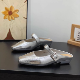 温柔晚晚风玛丽珍半拖鞋女2026夏季新款方头显脚小时尚粗跟包头拖