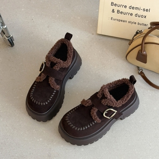 加绒保暖羊羔毛勃肯棉鞋女2025冬季超火复古绒面美拉德厚底松糕鞋