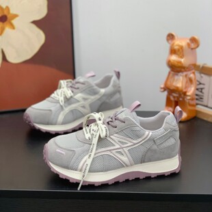 潮流拼色时髦双鞋带真皮老爹鞋女2026春季新款内增高网面运动跑鞋