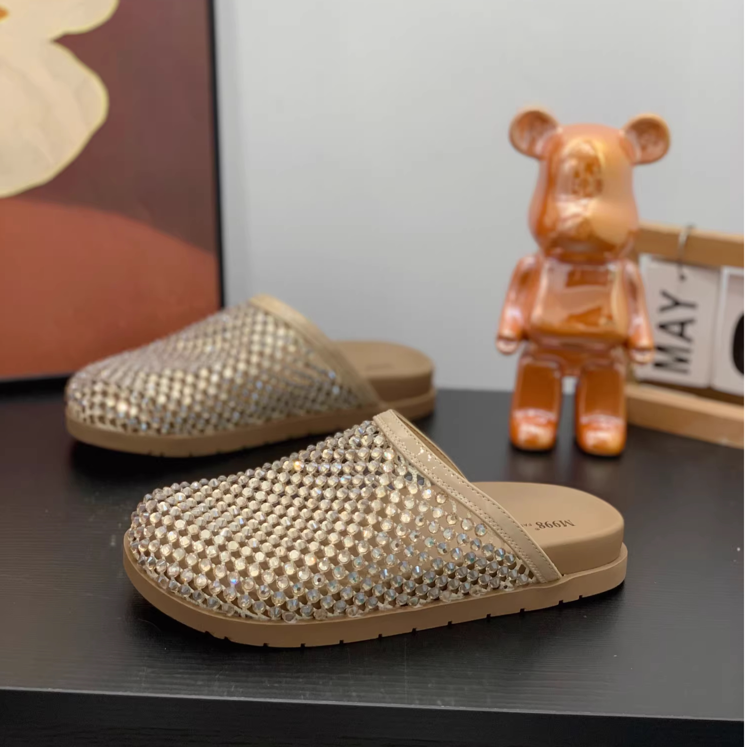 镂空渔网透气舒适勃肯半拖鞋女2026夏新款时尚外穿满钻平底包头拖