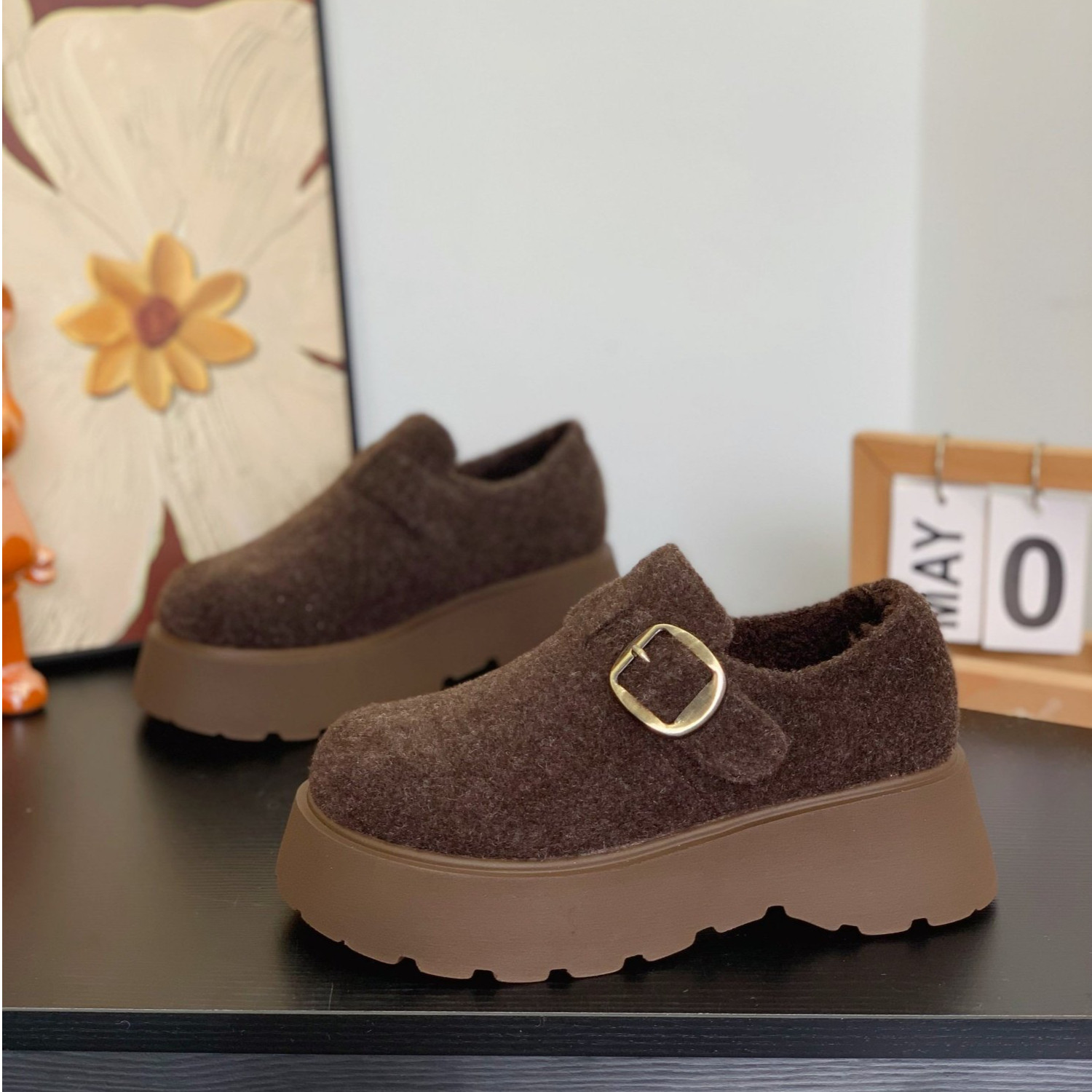 复古灰色毛呢绒面勃肯鞋2025冬季加绒魔术贴小个子女松糕厚底棉鞋,女鞋,棉鞋,淘宝优惠券,粉丝福利购,淘宝优惠卷