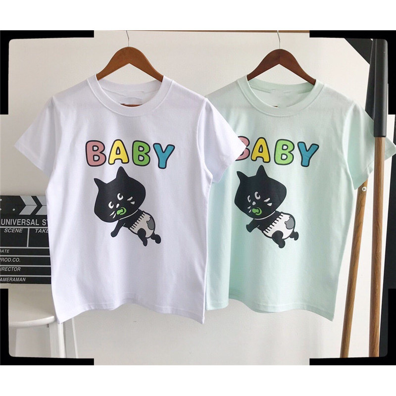日本 25夏季新款 惊讶猫可爱baby字母印花短袖T恤 休闲百搭 女