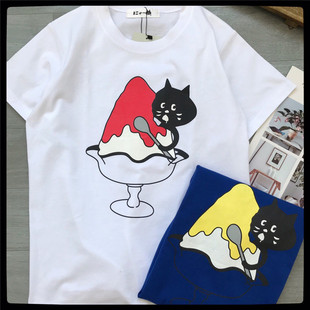 日系惊讶猫 夏季限定吃冰沙 清凉短袖宽松舒适T恤衫 男女同款
