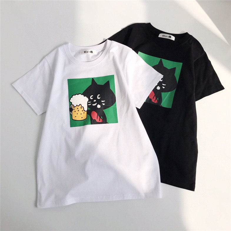日系 夏季新款 惊讶猫 喝啤酒印花图案休闲宽松短袖情侣T恤 男女