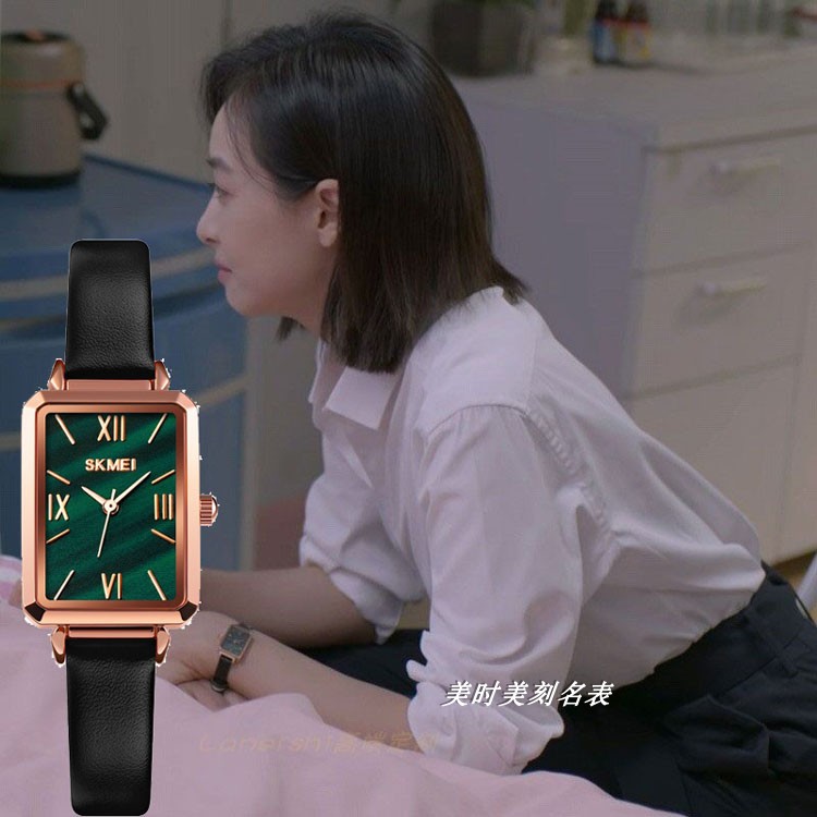 谁都知道我爱你何笑然宋茜同款女真皮表带防水石英手表时尚小绿表