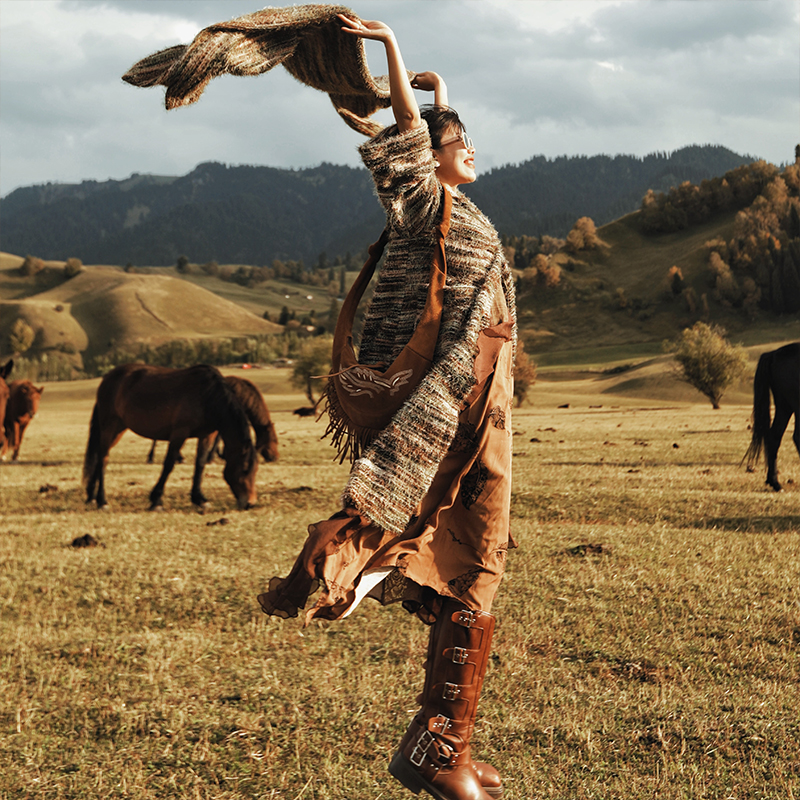 麦叙原创《条纹序曲》复古中长款条纹针织毛衣外套+围巾两件套秋