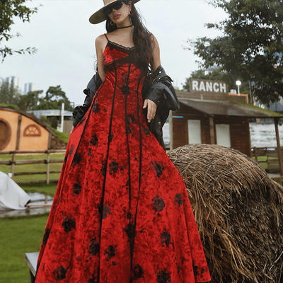 麦叙原创法式玫瑰印花红丝绒长裙