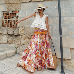 海岛度假风油画印花拼接半身裙a字长裙 法式 麦叙原创 芙蓉花巷