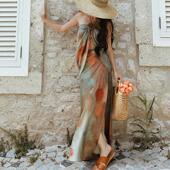 卢浮画夏 半身裙套装 法式 一片式 度假油画印花挂脖上衣 麦叙